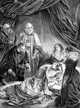 An engraved vintage illustration image of the death of Elizabeth I, queen of England UK from a Victorian book dated 1868 that is no longer in copyright