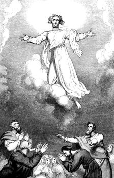 An engraved illustration image of Jesus Christ resurrection Ascension into Heaven at Easter from a vintage Victorian book dated 1836 that is no longer in copyright