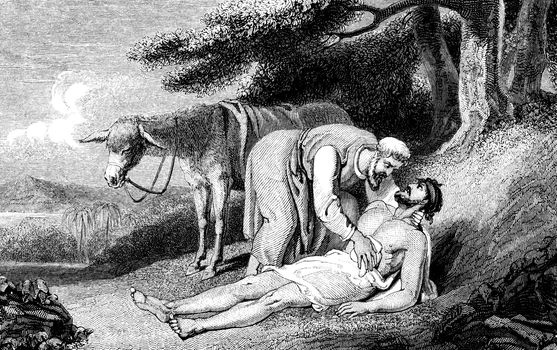 An engraved vintage illustration image of  the parable of the Good Samaritan as told by Jesus Christ from a Victorian book dated 1836 that is no longer in copyright