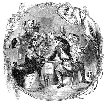 An engraved vintage illustration drawing of  the celebration of Auld Lang Syne at the New Year eve from a Victorian book dated 1854 that is no longer in copyright