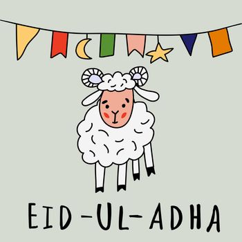Eid ul adha greeting card with sheep, moon, star and flags, muslim community festival of sacrifice. illustration in style doodle. Islamic holiday