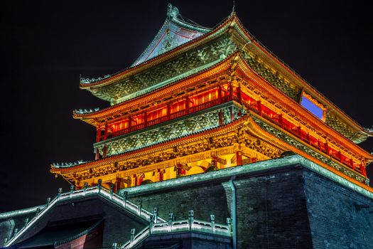 Illuminated Bell Tower temple of Xi'an, night scene, Xian, Shaanxi province, China