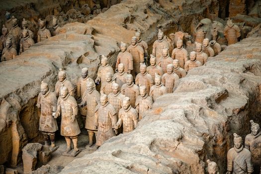 Excavated sculptures statues of the terracota army soldiers of Qin Shi Huang emperor, Xian, Shaanxi, China