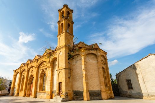 Abandoned greek ortodox church with bell tower, Guzelyurt, Morphou,  North Cyprus
