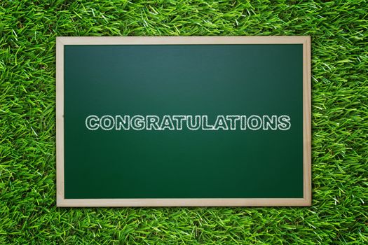 Congratulations text, business success concept on green grass background with copy space