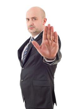 business man making stop with his hand, isolated