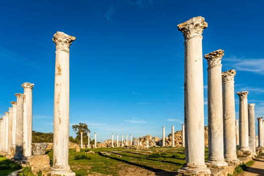 Ancient columns at Salamis, Greek and Roman archaeological site, Famagusta, North Cyprus