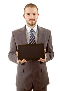 businessman showing a tablet pc, isolated