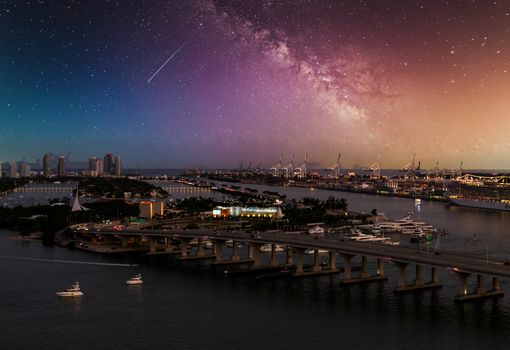 Lights on Bridges and Boats on Biscayne Bay at Night