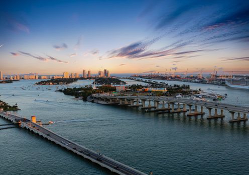 Two Miami Causeways at Sunset over Biscayne Bay