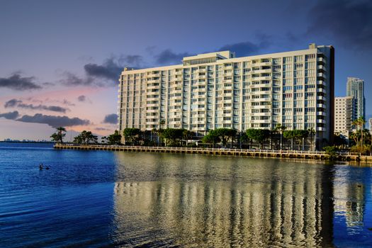 Reflection of Miami Hotel in Blue Bay