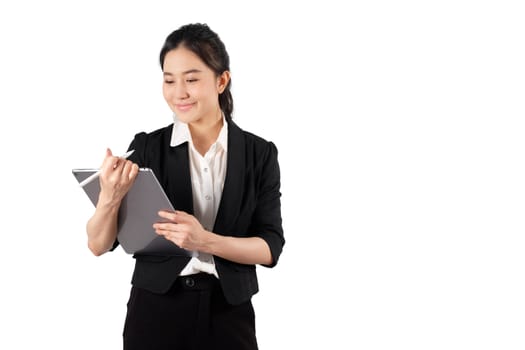 young working woman holding digital tablet on white background