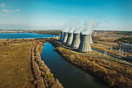 The cooling towers of power plants. Large cooling towers of the nuclear power plant.