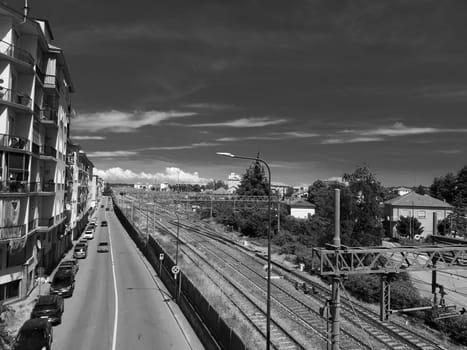 Turin, Italy - 07/02/2020: Travelling around North Italy. Beautiful caption of Turin wih sunny days and blue sky. Panoramic view to the city from Mole Antoneliana. Detailed photography of the old part