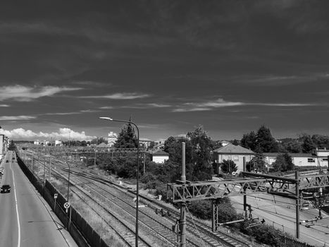 Turin, Italy - 07/02/2020: Travelling around North Italy. Beautiful caption of Turin wih sunny days and blue sky. Panoramic view to the city from Mole Antoneliana. Detailed photography of the old part