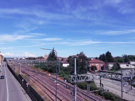 Turin, Italy - 07/02/2020: Travelling around North Italy. Beautiful caption of Turin wih sunny days and blue sky. Panoramic view to the city from Mole Antoneliana. Detailed photography of the old part