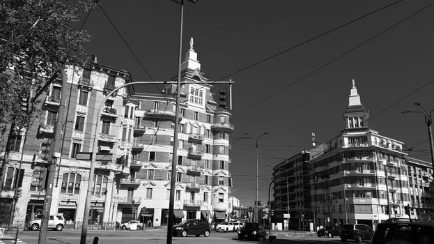 Turin, Italy - 07/02/2020: Travelling around North Italy. Beautiful caption of Turin wih sunny days and blue sky. Panoramic view to the city from Mole Antoneliana. Detailed photography of the old part