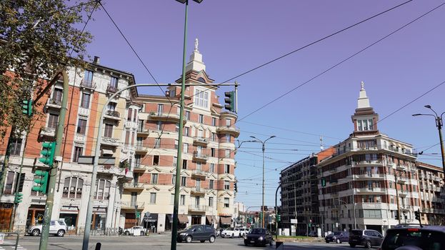 Turin, Italy - 07/02/2020: Travelling around North Italy. Beautiful caption of Turin wih sunny days and blue sky. Panoramic view to the city from Mole Antoneliana. Detailed photography of the old part