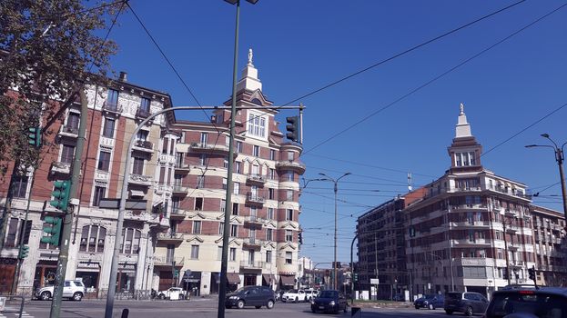 Turin, Italy - 07/02/2020: Travelling around North Italy. Beautiful caption of Turin wih sunny days and blue sky. Panoramic view to the city from Mole Antoneliana. Detailed photography of the old part