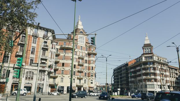 Turin, Italy - 07/02/2020: Travelling around North Italy. Beautiful caption of Turin wih sunny days and blue sky. Panoramic view to the city from Mole Antoneliana. Detailed photography of the old part