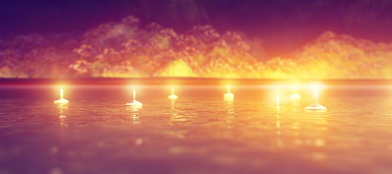 Abstract night background with candles in the water, 3d rendering illustration