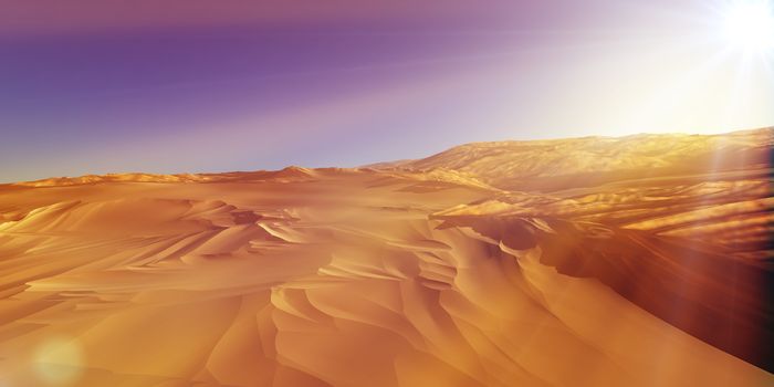 Dunes sunset over the desert. 3d rendering illustration