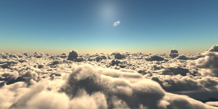 fly above clouds sunset landscape, 3d render illustration