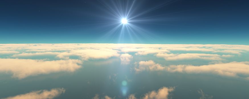 fly above clouds sunset landscape. 3d render illustration