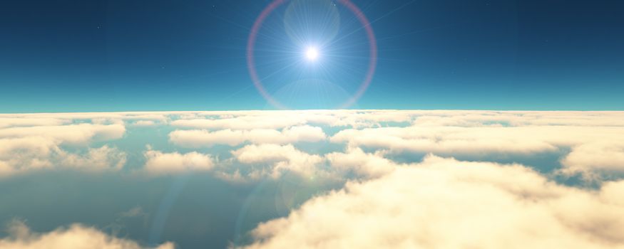 fly above clouds sunset landscape. 3d render illustration