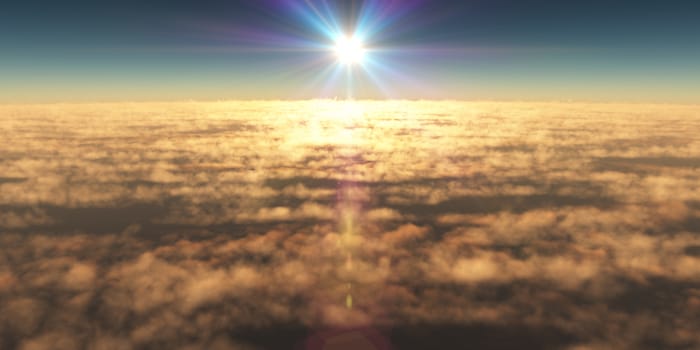 fly above clouds sunset landscape, 3d render illustration