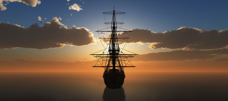 old ship sunset at sea 3d rendering illustration