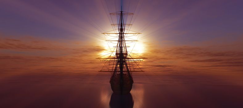 old ship sunset at sea 3d rendering illustration