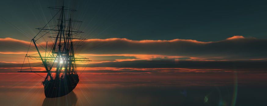 old ship sunset at sea 3d rendering illustration