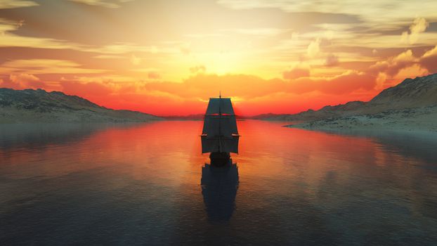 old ship at sea sunset, 3d render illustration