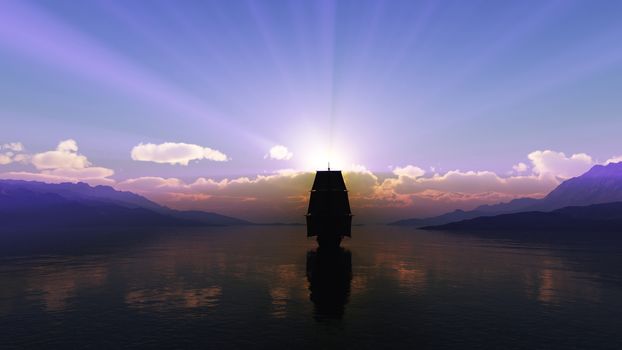 old ship at sea sunset, 3d render illustration