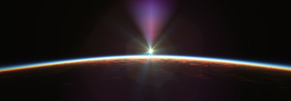 Earth sunrise from space over cloudy ocean. 3d rendering illustration