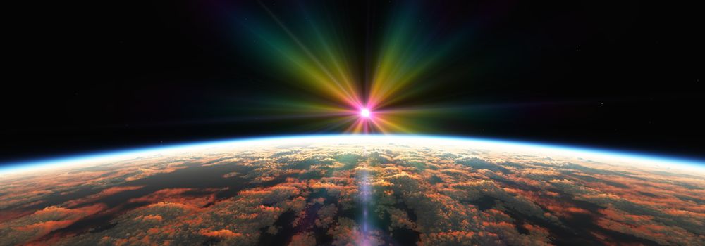 Earth sunrise from space over cloudy ocean. 3d rendering illustration