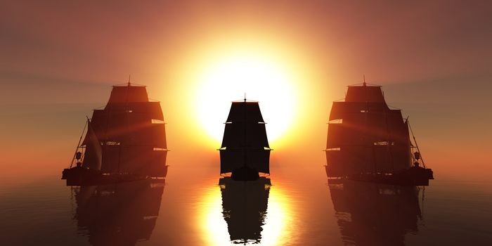 old three ships sunset at sea, 3d rendering illustration