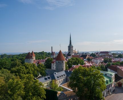 A wide angle photo overlooking the city center of Tallin, Estonia on a summer day.