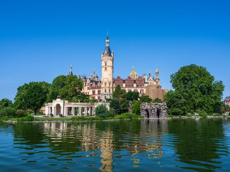 A wide angle morning photo of Schwerin Castle in North East Germany