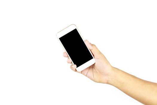 Man hand holding smartphone isolated on white background . Mobile phone on human hand. Cell phone with bank blank touch screen