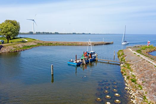 Aerial from an old fishing boat in the harbor from Medemblik Netherlands