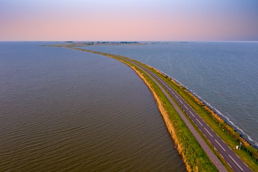 Aerial from the dyke to Marken at the IJsselmeer in the Netherlands