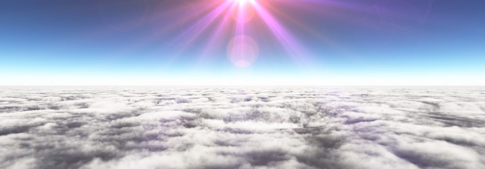 Above clouds sun ray, 3d rendering illustration