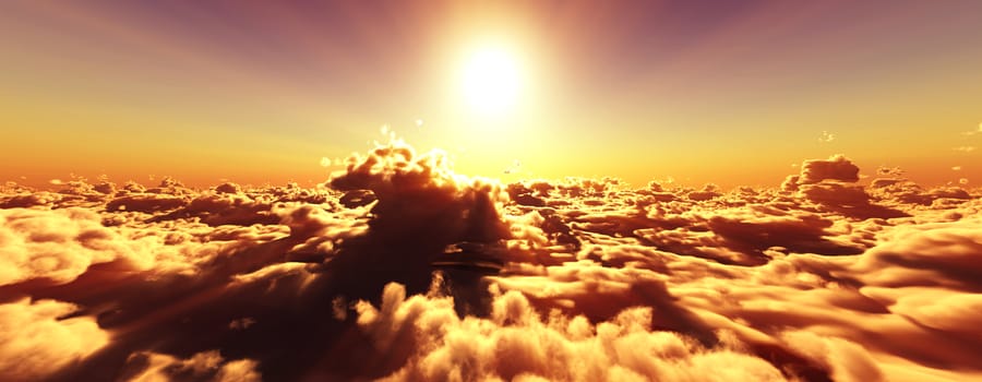 above clouds fly sunset sun ray illustration, 3d render