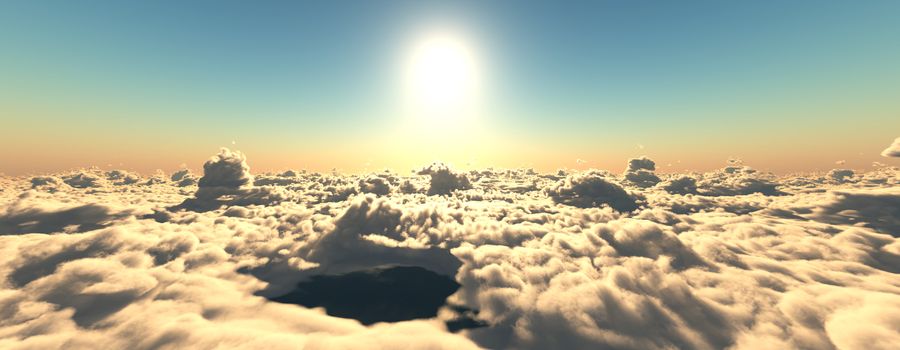 above clouds fly sunset sun ray illustration, 3d render