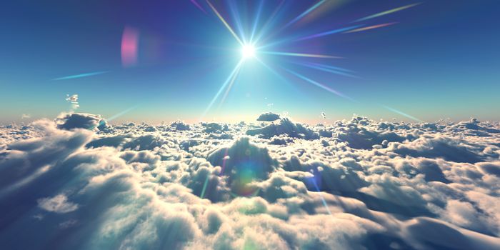 fly above clouds sunset landscape, 3d render illustration