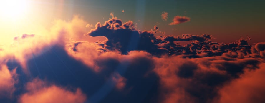 above clouds fly sunset sun ray illustration, 3d render