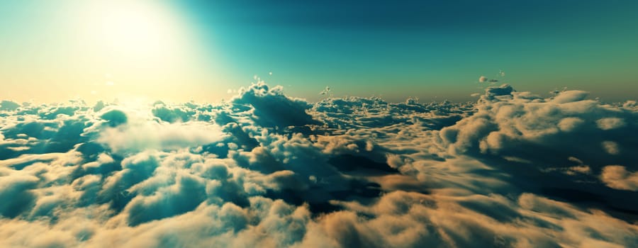 above clouds fly sunset sun ray illustration, 3d render