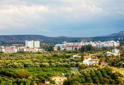Lefka city center with modern buildings and green residential suburbs, Northern Cyprus